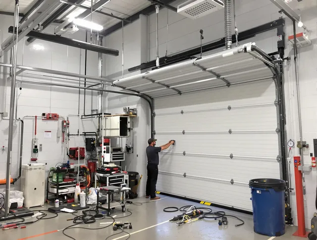 Stanton Garage Door Repair certified technician performing commercial door repair at a Stanton business facility