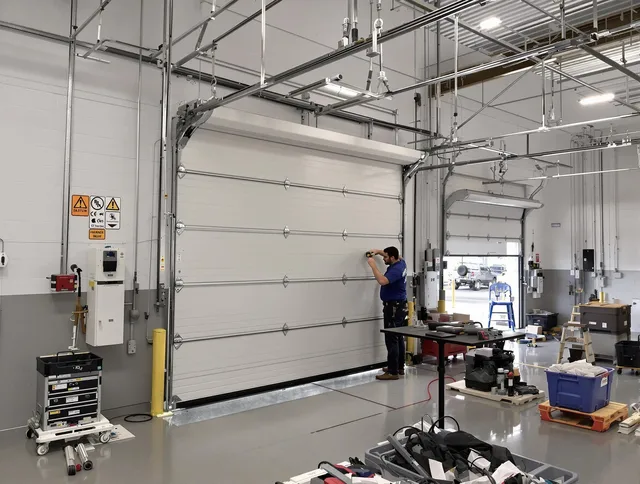 Commercial garage door repair being performed by Stanton Garage Door Repair expert in Stanton