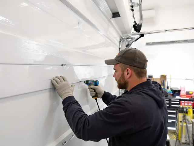 Stanton Garage Door Repair technician demonstrating precision dent removal techniques on a Stanton garage door