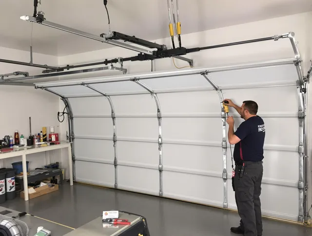 Stanton Garage Door Repair certified technician performing overhead door system repair in Stanton