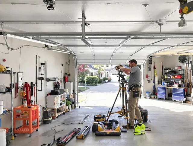 Stanton Garage Door Repair specialist performing laser-guided track alignment in Stanton